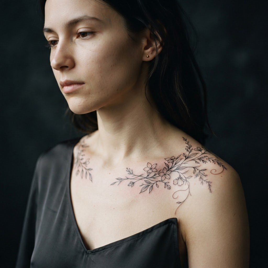 Fine line floral along the collarbone