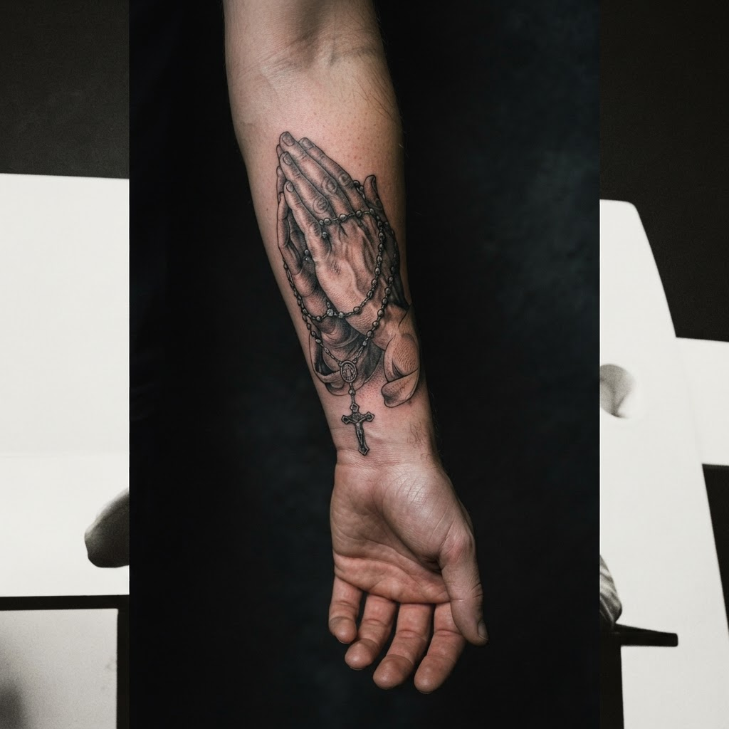 Black and grey rosary and hands