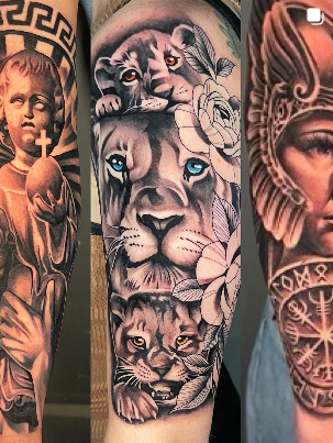 Black and grey set — cherub statue, lioness with cubs and rose, and a warrior woman