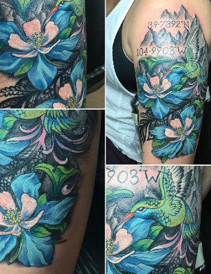 Color columbine flowers and a hummingbird with map coordinate lettering