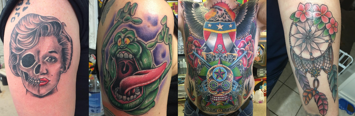 A row of work — Marilyn skull split-face, Slimer, a patriotic sugar-skull back piece, and a dreamcatcher