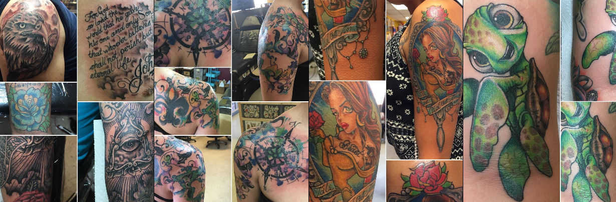 A row of varied work — eagle, script, compass, watercolor, pin-up, and a sea turtle