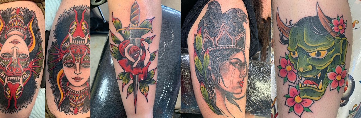 Japanese set — oni masks, a dagger through a rose, a crowned warrior queen, and a hannya mask