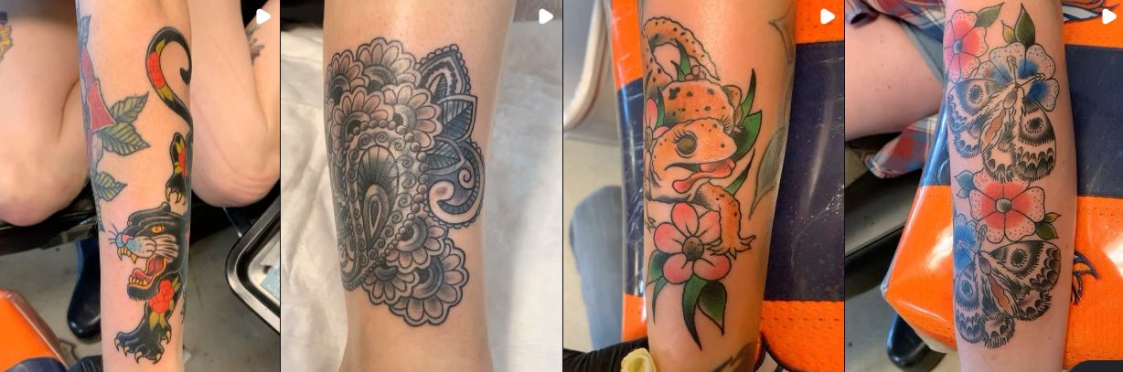 A row of work — black panther, black and grey mandala, a frog with flowers, and moths