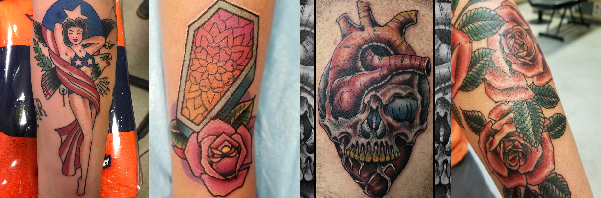 Traditional set — patriotic pin-up, mandala coffin with rose, anatomical heart skull, and roses