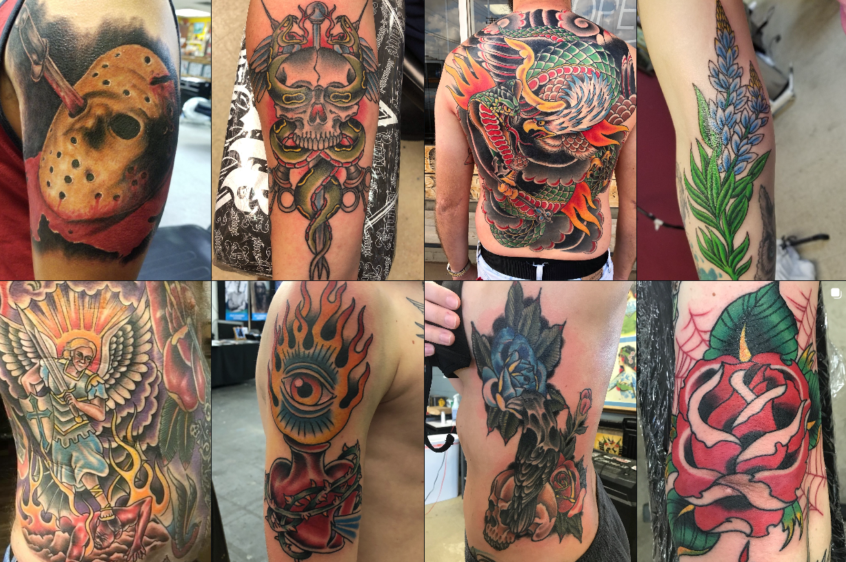 Eight traditional pieces — Jason mask, dagger skull, Japanese back piece, bluebonnets, archangel, flaming eye, raven, and rose
