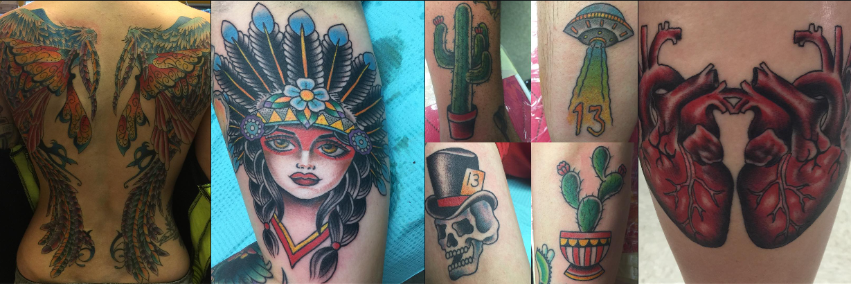 A row of work — angel wings back piece, a headdress woman, small flash pieces, and mirrored hearts